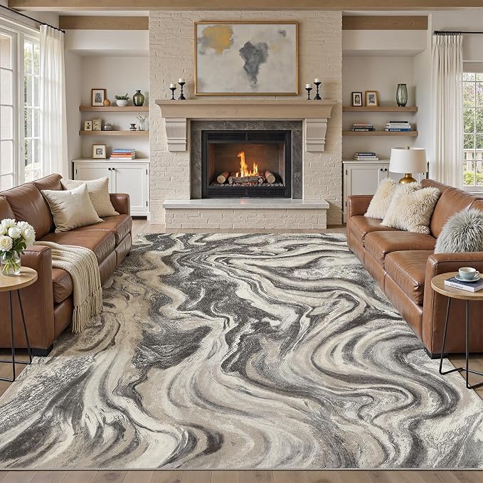 DMOYEST 9x12 Area Rug for Living Room Washable Abstract Indoor Carpet | Neutral Modern Low Pile Rugs Kid & Pet Friendly Large Soft Thin Carpet for Bedroom Dining Room and Office - Ash Grey