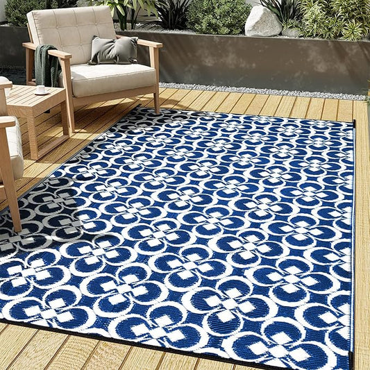 HUGEAR Outdoor Plastic Straw Rug, Waterproof Outdoor Rugs for Patios Clearance, Reversible Area Rug, Large Outside Carpet for Camping, Balcony, RV, Deck, Picnic, Beach (5x8ft Clover/Blue&White)