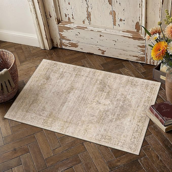 2x3 Beige Farmhouse Area Rug | Washable, Non Slip, Soft Low Pile, Neutral Vintage, for Entryway Kitchen Bathroom Living Room Bedroom Indoor Home Decor