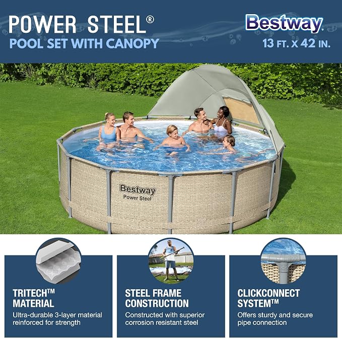 Bestway Power Steel 13' x 42" Round Above Ground Outdoor Swimming Pool Set with Shaded Canopy, 530 Gallon Filter Pump, Ladder, and Pool Cover