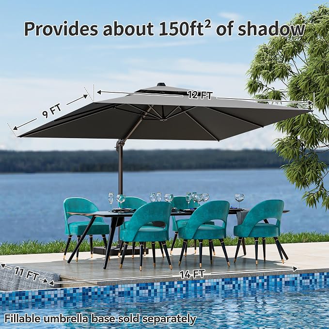 9x12FT Cantilever Patio Umbrella - Heavy Duty Double Layer Offset Design with 360° Rotation, Large Rectangle Sun Shade Umbrella for Garden, Deck, Pool, Backyard, Grey