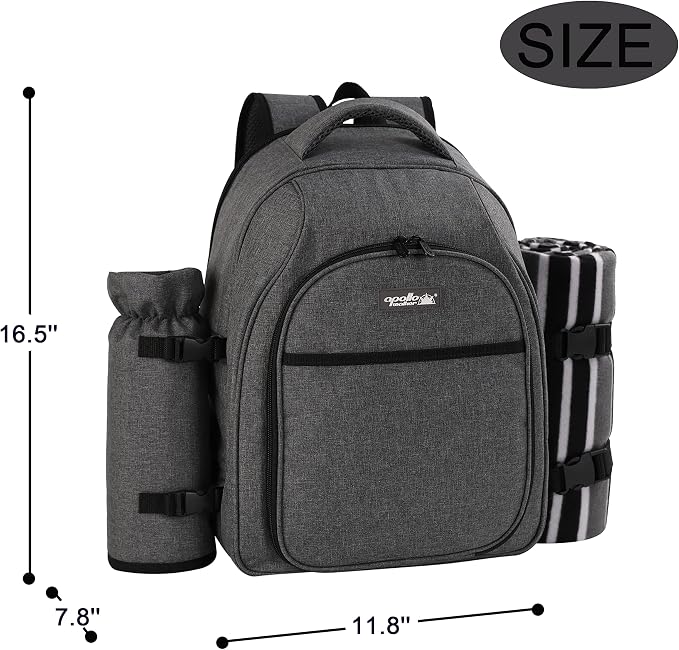 apollo walker Picnic Backpack Bag for 2 Person with Cooler Compartment, Detachable Bottle/Wine Holder, Fleece Blanket, Plates and Cutlery Set (2Person,Grey)