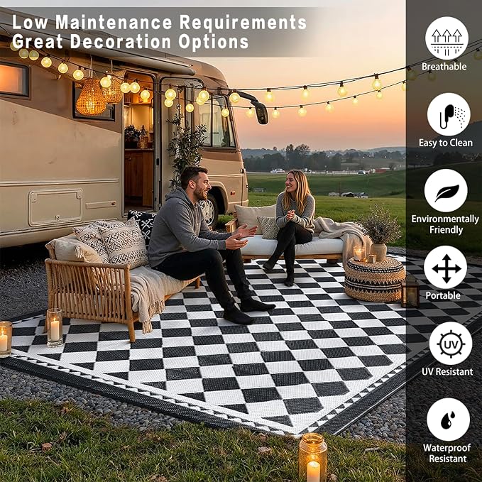 HUGEAR Outdoor Waterproof Rug 6'x9' Plastic Straw Rugs Washable Reversible Floor Mat Black/White Plaid Carpet for Camping RV Deck Entryance Porch Picnic Balcony Beach Backyard
