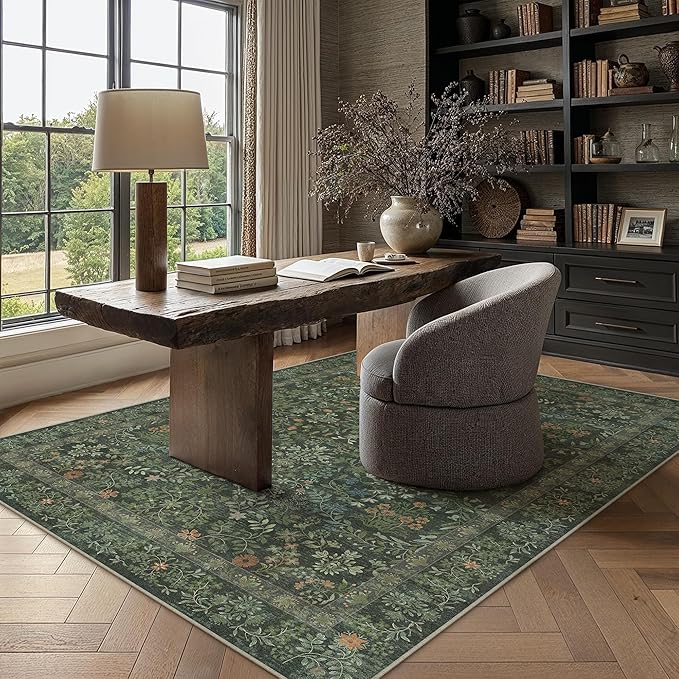 5x7 Dark Green Floral Area Rug Vintage Farmhouse Style | Washable, Non Slip, Soft Low Pile, Carpet for Bedroom, Living Room, Dorm Room, Nursery, Botanical Decor