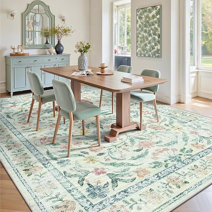 8x10 Area Rugs, Machine Washable Low Pile Floral Rugs for Living Room, Bedroom, Large Boho Area Rug with Non-Slip Backing for Dining Room(Beige Bloom)