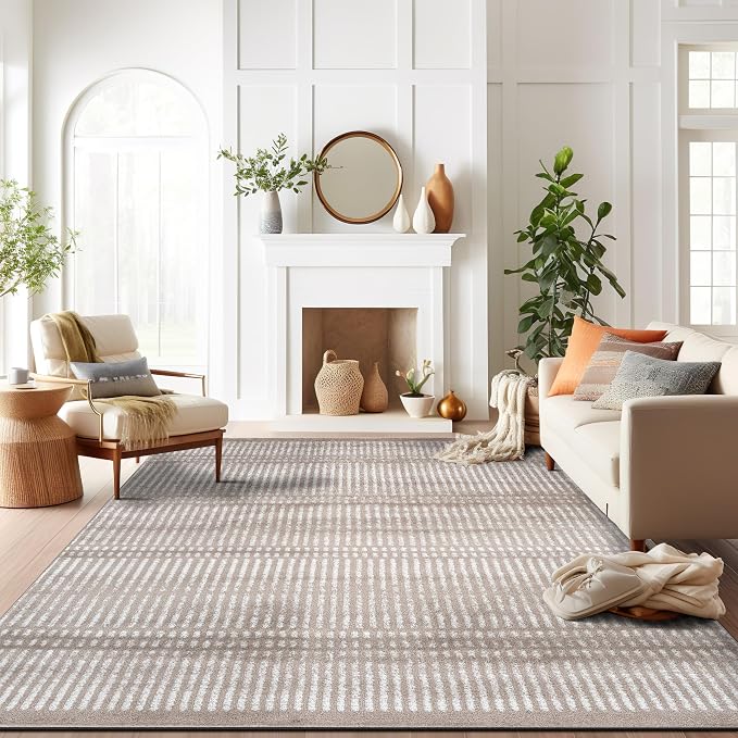 Rugshop Contemporary Stripe Lines High Traffic Area Rug Beige 7'10" x 10' | Rectangular, Size 7'10" x 10', Living Room, Bedroom, Dining Room, Home Office, Kitchen, Entryway, Hallway, Nursery, Kids Room