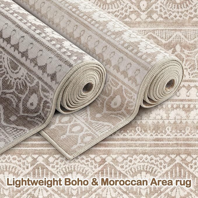 Tortania Area Rug Living Room Rugs - 9x12 Washable Large Soft Neutral Boho Moroccan Bohemian Farmhouse Rug Indoor Floor Carpet for Bedroom Under Dining Table Home Office Decor - Light Brown