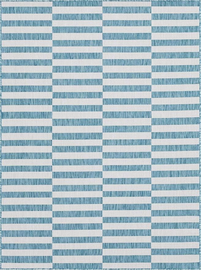 Unique Loom Outdoor Striped Collection Area Rug - Striped (9' x 12' Rectangle, Light Aqua/Ivory)