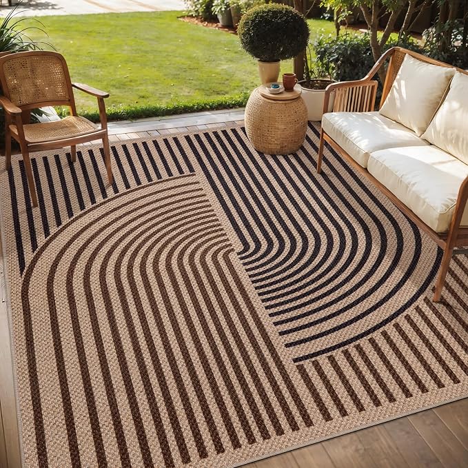 Tangsoo Rainbow Easy Jute Rug 5x7 Large Washable Area Rug for Dining Room Table,Non-Slip Thin Dark Brown Indoor Outdoor Rug,Modern Farmhouse Carpet for Living Room Bedroom Patio