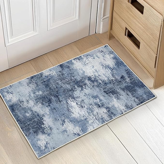 Washable Entry Rug, 2x3 Modern Abstract Rug with Low Pile and Non-Slip Backing, Small Rug with Abstract Pattern for Entryway, Kitchen and Living Room, Dark Blue