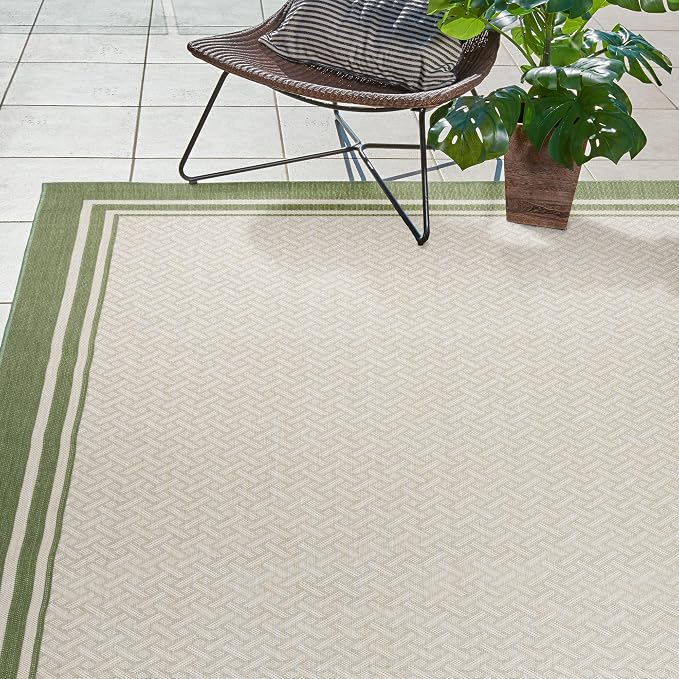Gertmenian Indoor/Outdoor Flatweave Area Rug - 8x10 Large, Stain & UV Resistant, Ideal for Deck, Patio, Poolside, Mudroom - Border Green Teal Tan, 22907