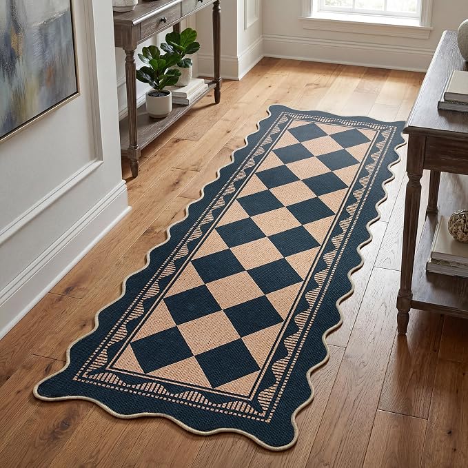 Garvee Easy Jute 2x6 Scalloped Kitchen Rugs Washable Rugs，Black/Coffee | Indoor Outdoor Washable Rugs for Living Room Low Pile Floor Cover for Entryway Stain Resistant Indoor Carpet for Hallway