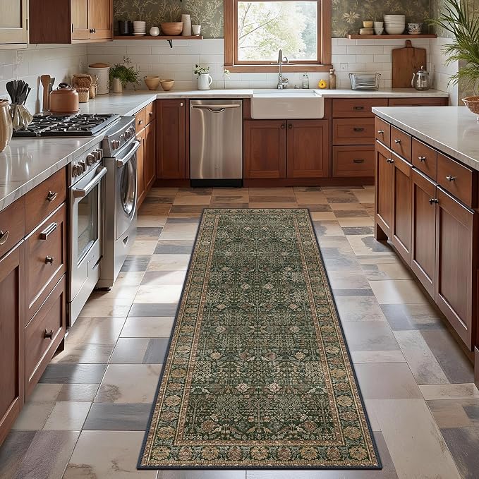 2'6" x 8' Kitchen Runner Rug, Washable Non Slip, Dark Green Brown | Vintage Floral, Spill Resistant, Lightweight Low Pile Carpet for Hallway, Bedroom, Laundry Room and Bathroom