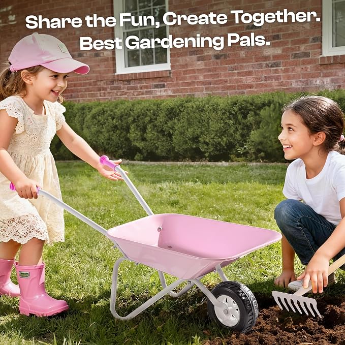 ROBUD Kids Wheelbarrow with Gardening Tools Set-9pcs Metal Toddler Wheelbarrow, Garden Tools, Watering Can, Plant Labels– Child Outdoor Toy for Ages 3+, Christmas Birthday Gifts for Boys Girls(Pink)