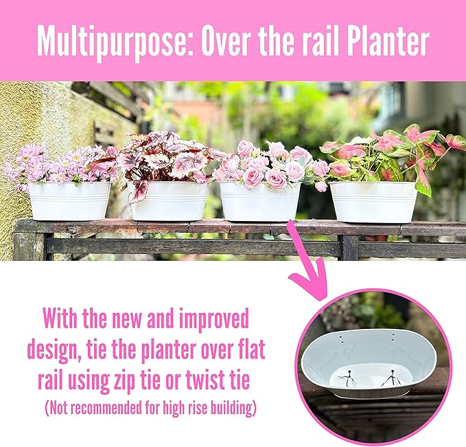 LaLaGreen Rail Planter Outdoor Plants (11.8 Inch, 8 Pack) White Metal Iron Hanging Flower Pots Deck Railings Fence Buckets Modern Countryside Boho Style Wall Mount Window Box Holder Hooks Porch Decor