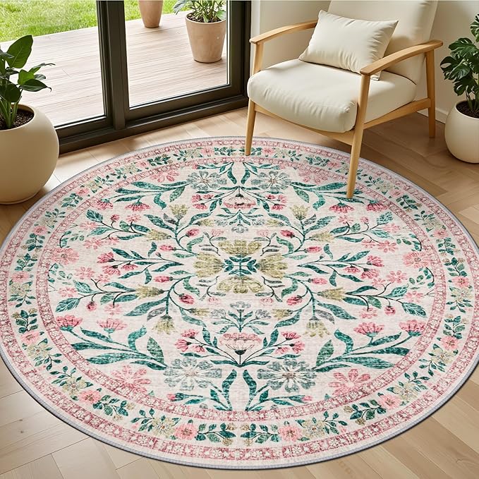 PLHXFR Round Area Rug Living Room: 4 ft Floral Washable Carpet Pink Green | For Bedroom Dining Room Farmhouse Nursery Hallway,Vintage Floral,Machine washable,Non Slip,Stain Resistant,Large Indoor