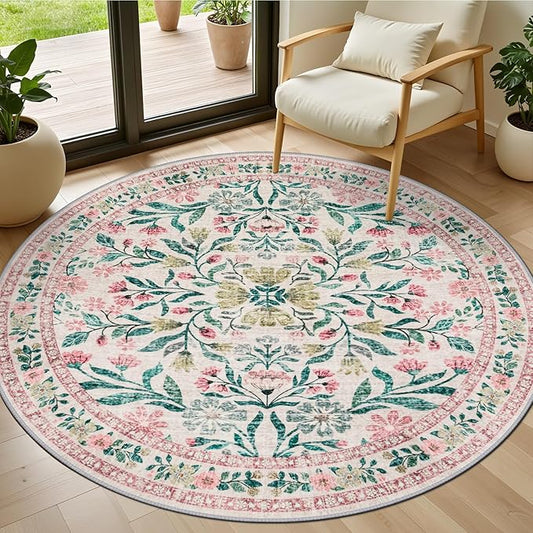 PLHXFR Round Area Rug Living Room: 4 ft Floral Washable Carpet Pink Green | For Bedroom Dining Room Farmhouse Nursery Hallway,Vintage Floral,Machine washable,Non Slip,Stain Resistant,Large Indoor