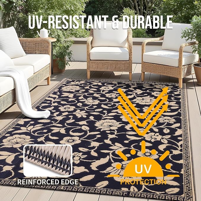 OLANLY Waterproof Outdoor Rug 4x6 ft, Outdoor Plastic Straw Rug with Flower Pattern, Reversible RV Mat for Patio, Camping, Balcony, Deck, Backyard, Black & Beige