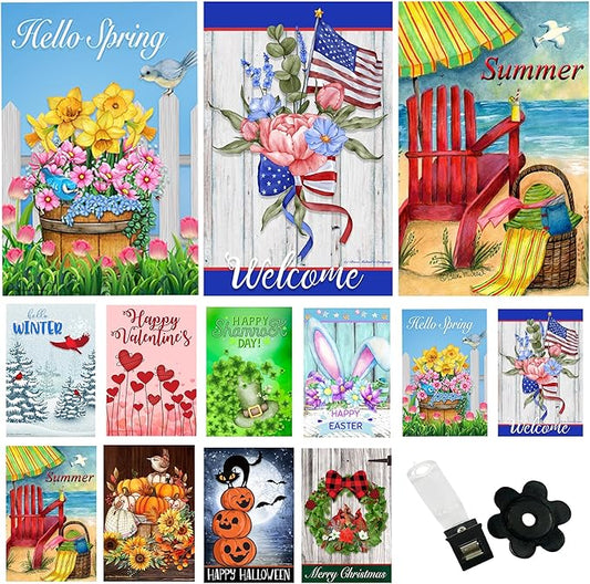 Seasonal Garden Flags Set of 10 12x18 inch Double Sided Yard Flags, Outside Small Garden Flag with Anti-Wind Clip and Stopper, Outdoor Holiday Lawn Decorative Decor