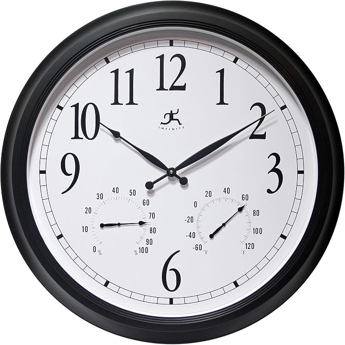 Infinity Instruments 24 inch Classic Black Wall Clock Thermometer Humidity Outdoor | Round Outdoor Wall Clock | Outdoor Indoor Thermometer Clock Hygrometer | Great for Garage, Patio, Pool, Outdoors