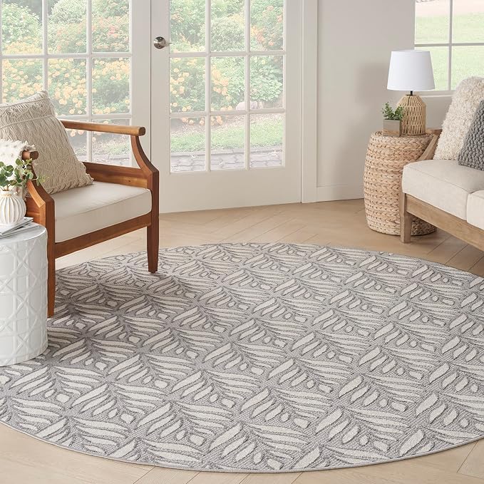 Nourison Home Aloha Indoor/Outdoor Grey 7’10” x Round Area Rug, Easy Cleaning, Non Shedding, Bed Room, Living Room, Dining Room, Backyard, Deck, Patio (8 Round)