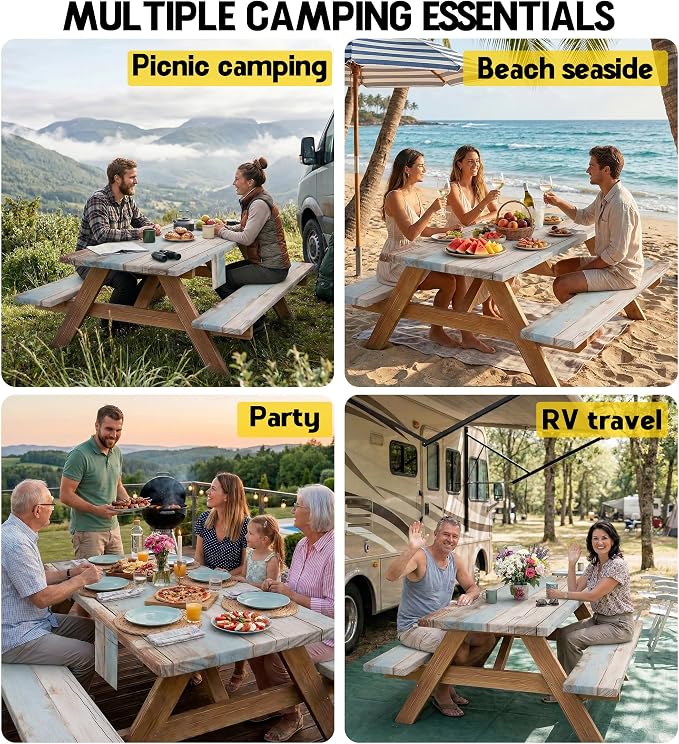 Picnic Table Cover with Bench Covers Waterproof Elastic Tablecloth Camping Essentials Gear Table Cloth Outdoor Glamping Cool Camping Gifts for Camper RV Owner Camping Lovers Family Couple Women Men