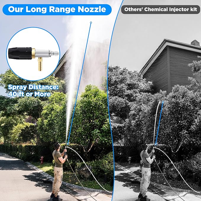 FIXFANS Pressure Washer Long Range Nozzle 5-6.5 GPM with 45 FT Braid Hose | Adjustable Downstream Injector, Pressure Washer Spray Nozzle, External Chemical Injection, 1/4'' Quick Connect, 2500-4000 PSI