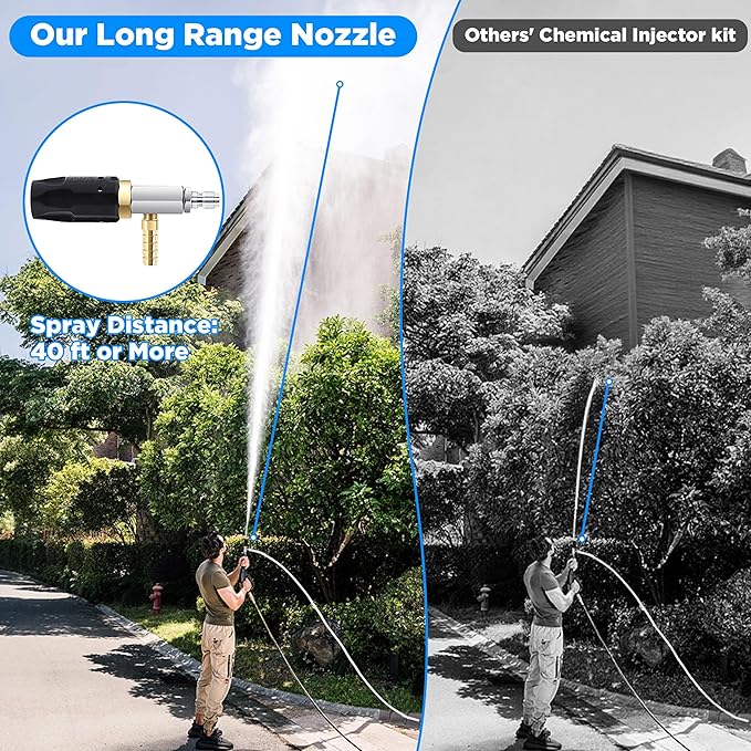 FIXFANS Adjustable Pressure Washer Long Range Nozzle 2-2.5 GPM with 45 FT Braid Hose, Downstream Injector Power Washer Spray Nozzle Kit, External Chemical Injection, 1/4'' Quick Connect, 2000-3000PSI