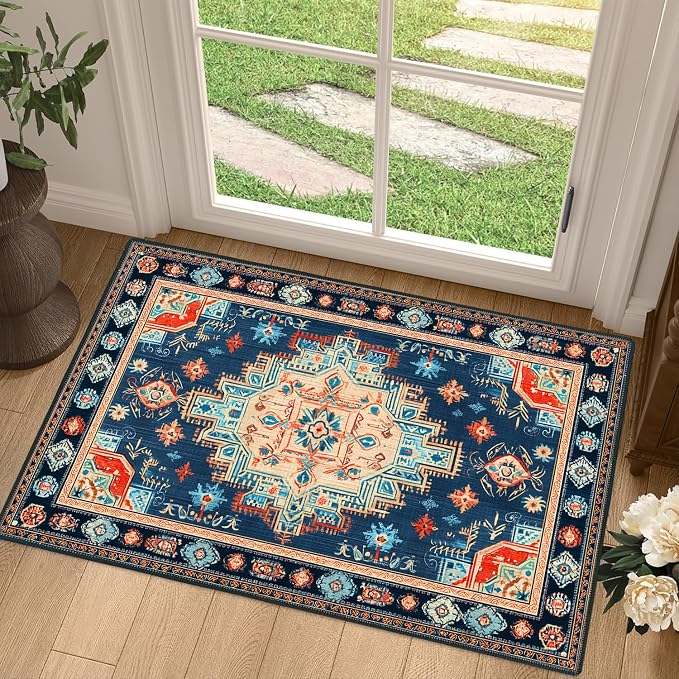 Navy Blue Coral Tribal 2x3 Entry Rug,Washable Small Rugs for Entryway Kitchen Bathroom Door Mat Indoor Entrance,Non Slip Rubber Backing,Stain & Fade Resistant,Bohemian Southwestern Decor