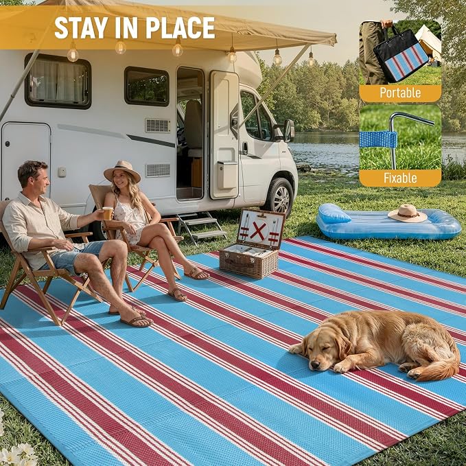 Lahome Striped Outdoor Carpet Plastic Straw Rug, Reversible Patriotic Outdoor Rug Waterproof 9x12 Rugs for Patio, RV Camping Picnic Mat for Beach Deck Backyard Balcony(Blue/Red,9'x 12')