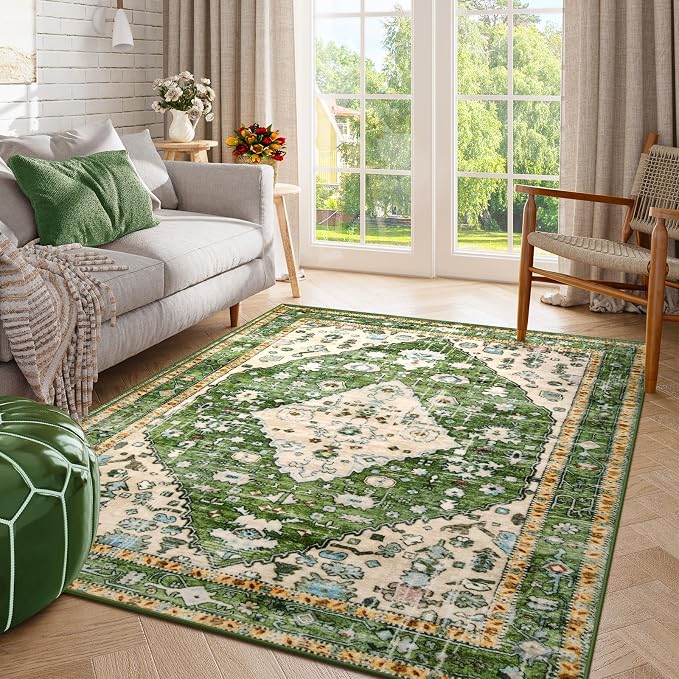 Lahome Felice Boho Tribal Area Rug - 4x6 Green Machine Washable Bedroom Rugs for Living Room, Disstressed Soft Non Slip Indoor Nursery Floor Mat Carpet for Kitchen Table Home Office Camper RV Bar
