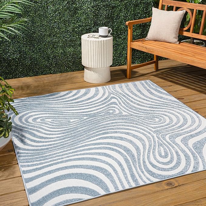 JONATHAN Y Maribo High-Low Abstract Striped Light Blue/Ivory 9x9 Square Indoor/Outdoor Area Rug, Pet Friendly, Non-Shedding, Stain Resistant, Easy-Cleaning for Backyard, Patio (SCN103C-9SQ)