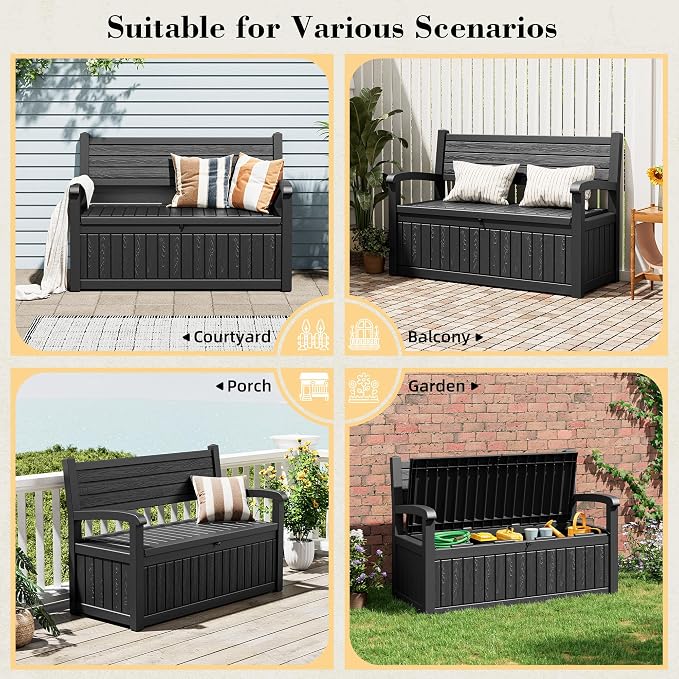 80 Gallon Outdoor Storage Box,Resin Stripes Deck Box Doubles as 2-Person Bench Seat,Waterproof Storage Outdoor Porch Bench for Cushions,Garden Tools and Pool Supplies Black