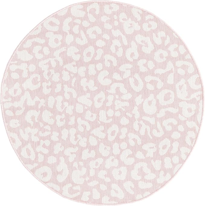 Unique Loom Outdoor Safari Collection Area Rug - Leopard (4' 1" Round, Pink Ivory/ Ivory)