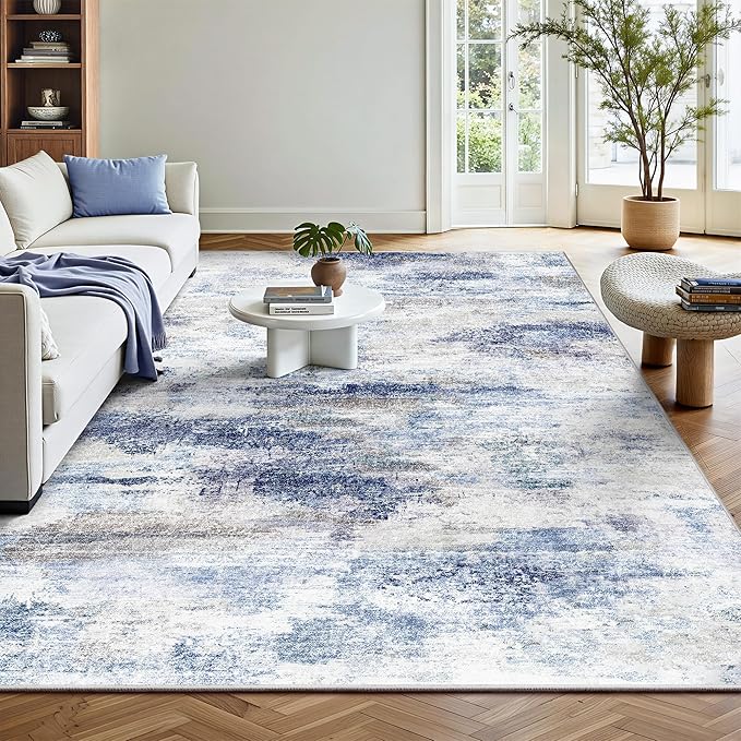 5x7 Area Rugs, Abstract Morden Soft Washable Rug, Non-Slip Low Pile Rugs for Living Room, Bedroom, Dining Room, Home, Office(Rust Blue/Brown)