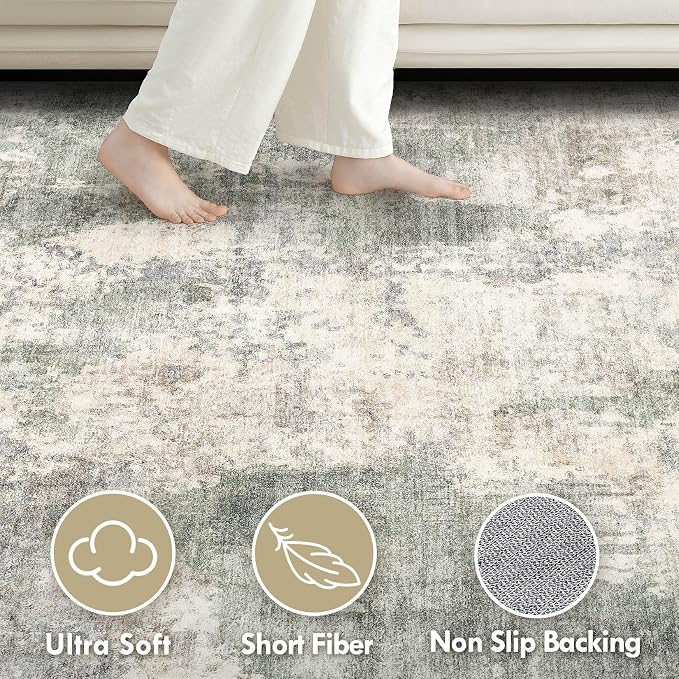 Tortania Washable 9x12 Area Rug for Living Room: Modern Abstract Neutral Large Soft Thin Rugs - Non Slip Indoor Carpet for Bedroom Dining Room Office Nursery Home Floor Decoration - Gray Green
