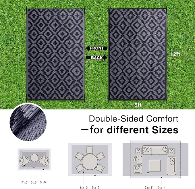 OLANLY Waterproof Outdoor Rug 9x12 ft, Outdoor Plastic Straw Rug for Camping, RV Mat Outside, Indoor Outdoor Carpet for Porch, Deck, Backyard, Balcony, Picnic, Black & Grey