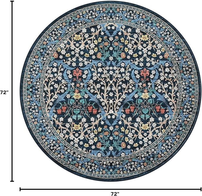 GarveeHome Blue Floral Washable Round Rugs 6ft for Bedroom Living Room | Vintage Stain Resistant Rugs for Large Room Low-Pile Non-Slip Carpet Soft Stain Resistant Botanical Boho Rug TPE Backing