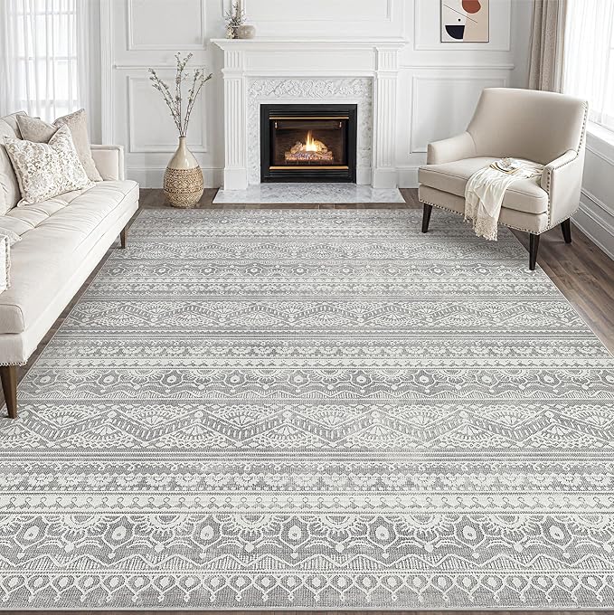 Tortania Area Rug Living Room Rugs - 7x9 Washable Large Soft Neutral Boho Moroccan Bohemian Farmhouse Rug Indoor Floor Carpet for Bedroom Under Dining Table Home Office Decor - Neutral Grey