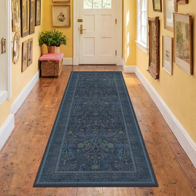 2'6"x8' 8ft Kitchen Runner Rugs Washable, Dark Blue Long Runner Rugs Non Slip for Hallway, Entryway, Victorian Forest Floral Stain Resistant Low Pile Thin Carpet