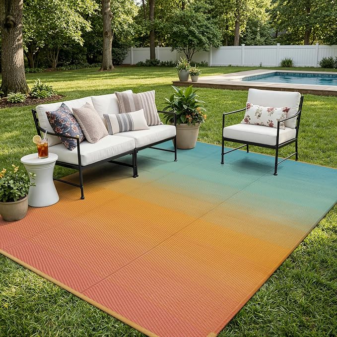 Lahome Extra Large Outdoor Rug 8x10 Patio Waterproof,Reversible Camping Rugs Plastic Straw Rv Mats for Outside Under Awning,Portable Lightweight Carpet for Backyard, Blue-Orange 8x10