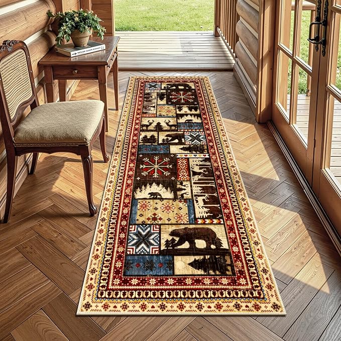 LOKHOM 2x6 Hallway Runner Rug, Non Slip Washable Western Cabin Bear Rugs | Bear Pattern, Low Pile Soft Kitchen Rug, Vintage Wildlife Accent Carpet Runner, For Laundry Bedroom Entryway Nursery