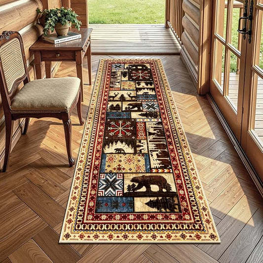 LOKHOM 2x6 Hallway Runner Rug, Non Slip Washable Western Cabin Bear Rugs | Bear Pattern, Low Pile Soft Kitchen Rug, Vintage Wildlife Accent Carpet Runner, For Laundry Bedroom Entryway Nursery