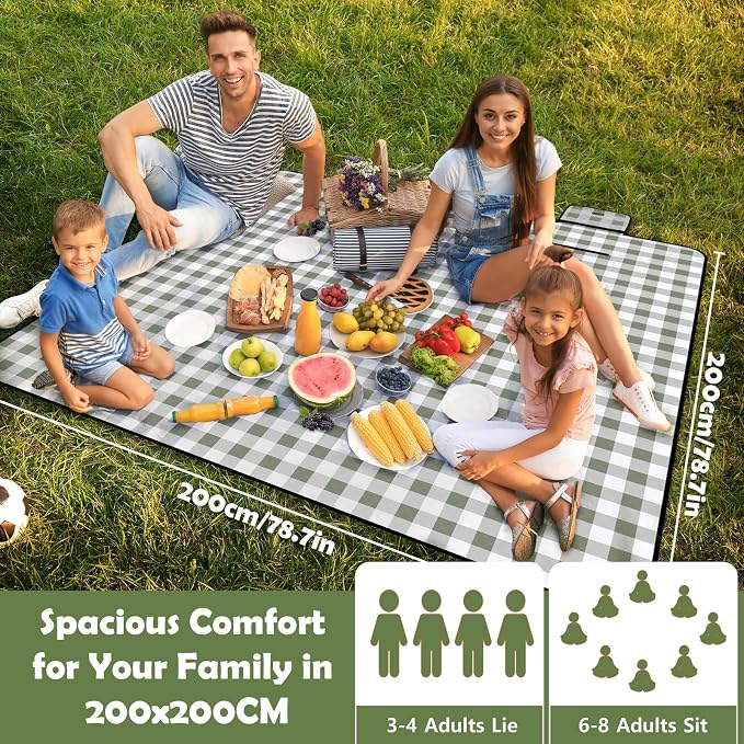 Picnic Blankets Waterproof, Extra Large Picnic Mat 79"X79", Sandproof Washable Camping Beach Blanket, Camping Accessories for Outdoor Activities, Green