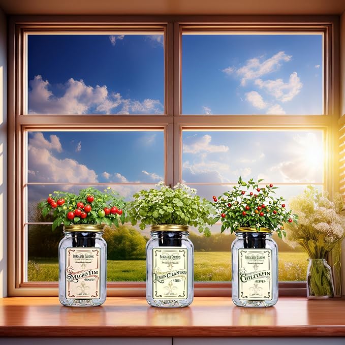 Salsa Garden Mason Jar Grow Kit (3 Pack) – Tiny Tim Tomato, Lemon Cilantro & Chiltepin Pepper – Indoor Hydroponic Herb & Vegetable Grow Kit – Windowsill Salsa Ingredient Garden