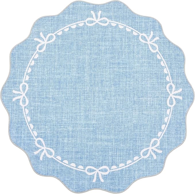 GarveeHome 4ft Round Rugs Washable Scalloped Bow Rug for Bedroom, Blue | Non Slip Soft Low Pile Ultra-Thin Stain Resistant Indoor Carpet for Living Room Nursery Girls Dorm Decor Kids Room Playroom
