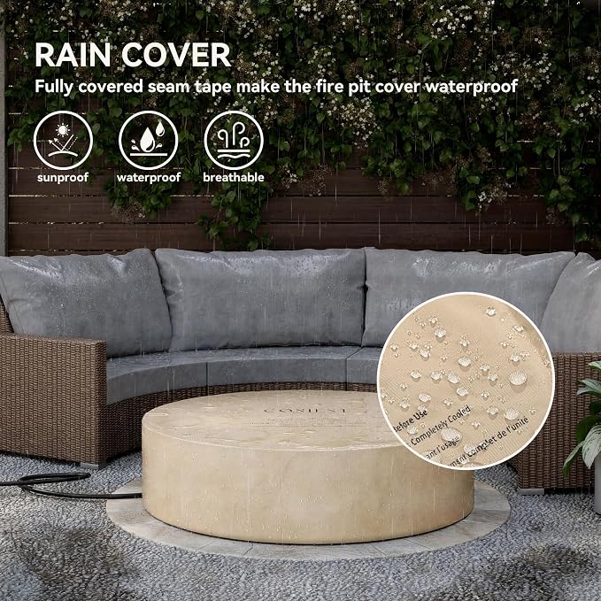 COSIEST 42 inch Outdoor Propane Fire Pit Coffee Table w Concrete Round Base Patio Heater, 50,000 BTU Stainless Steel Burner, Free Lava Rocks, Rain Cover, Gray