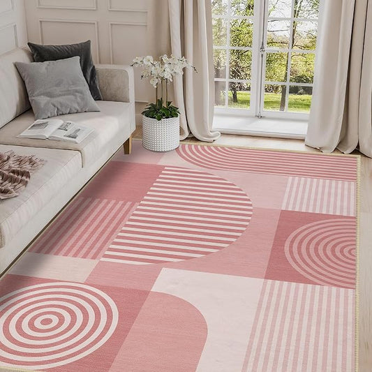 Pink Geometric Area Rug 4x6 for Living Room Rug Machine Washable Minimalist Line Mid Century Modern Rugs Non Slip Low Pile Indoor Floor Carpet for Bedroom Dining Room Laundry Office,Pink