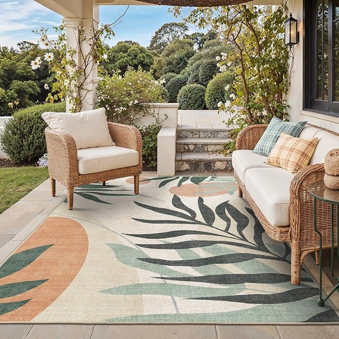 GENIMO Indoor & Outdoor Area Rug 5'x8', Waterproof, Non-Shedding, Easy Cleaning, Leaf Mat for Patio, Living Room, Balcony, Dining Room, RV, Deck, Bedroom, Camping, Outside Carpet, Moss Grey