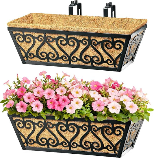 2 Pack 16 Inch Deck Railing Planter Box - Window Boxes Planters with Adjustable Brackets Coco Liners Balcony Planters Railing Hanging for Wind